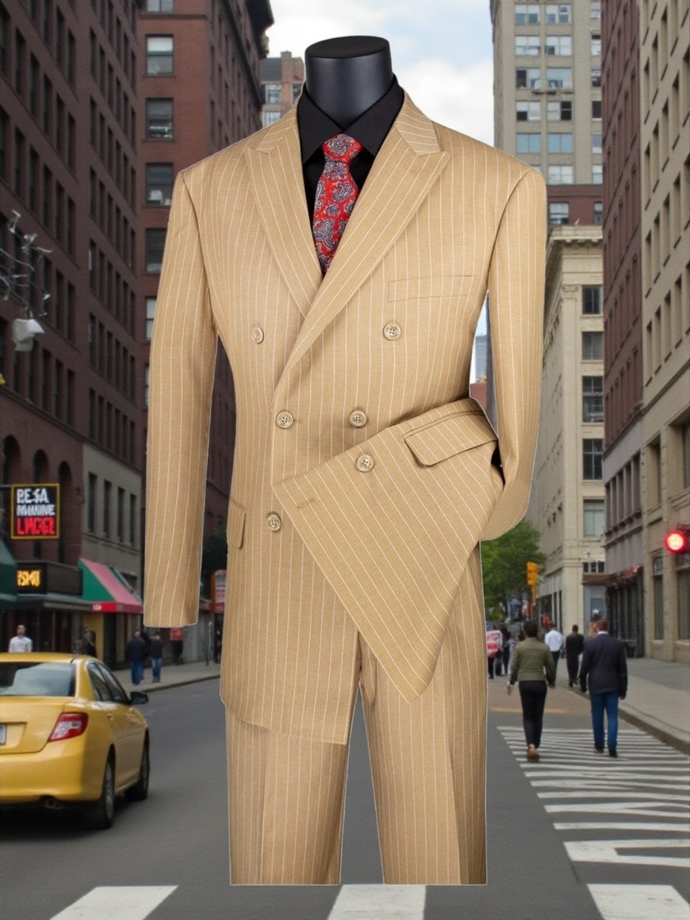 VINCI MEN'S EXECUTIVE DOUBLE BREASTED CAMEL 2 PIECE BANKER PINSTRIPE SUIT. DSS-4